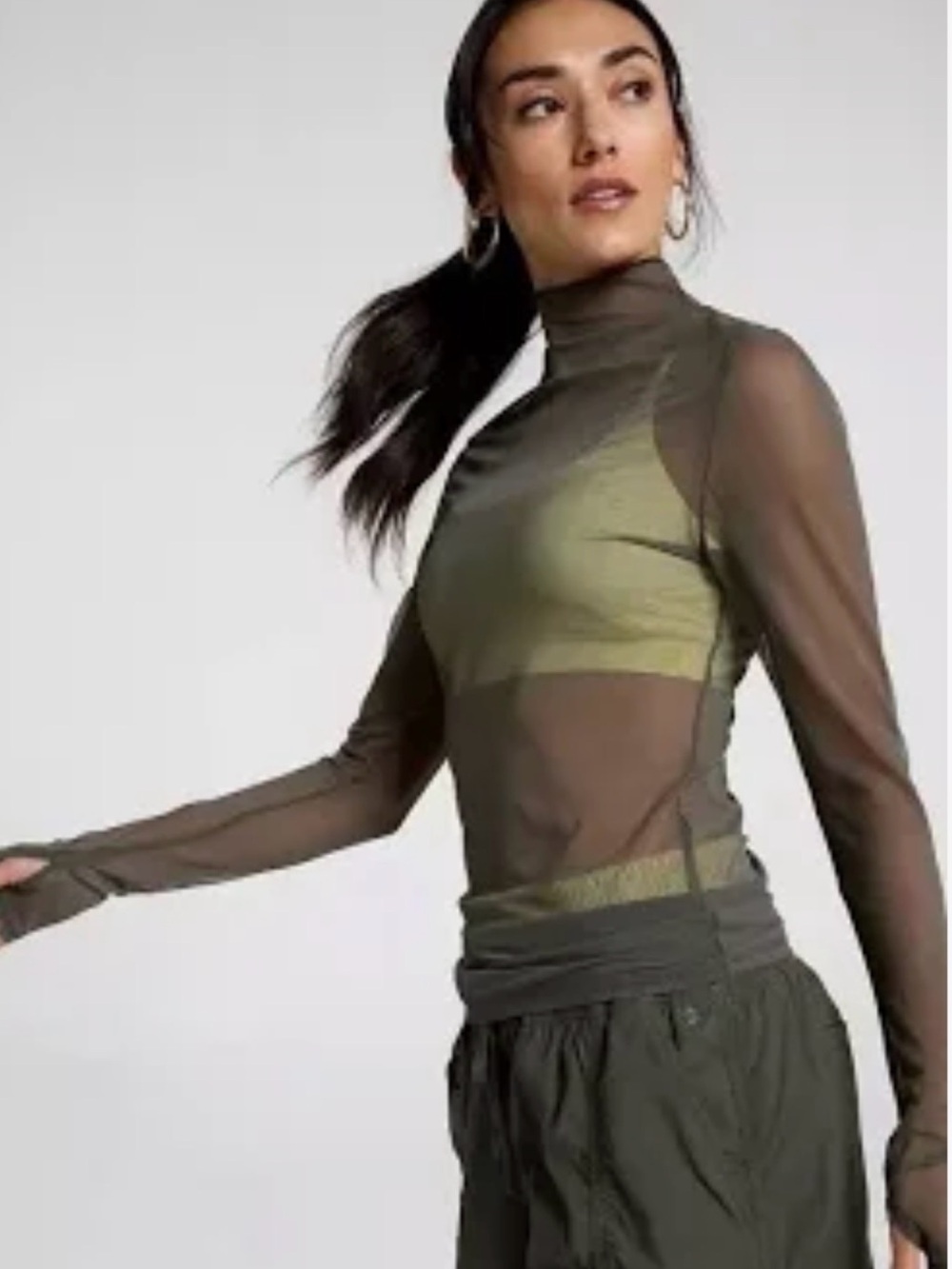 NWT CALIA Draped Funnel green Long Sleeve Mesh Top M